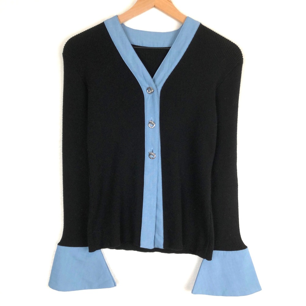 COMMENSE Button‎ Front V Neck Ribbed Bell Sleeve Cardigan Sz S Black Blue Silver